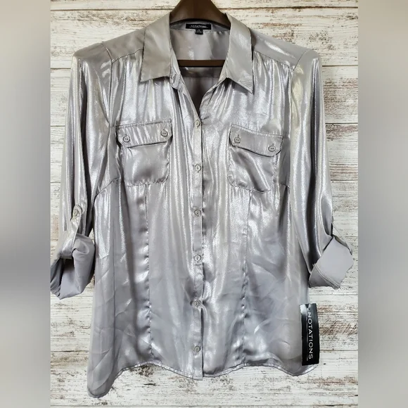 Y2K Notations Metallic Silver Shimmer Button-Front Blouse with Roll-Tab Sleeves - Picture 1 of 15